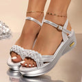 Serena | Elegant Silver Sandals with Braided Straps & Platform Wedge