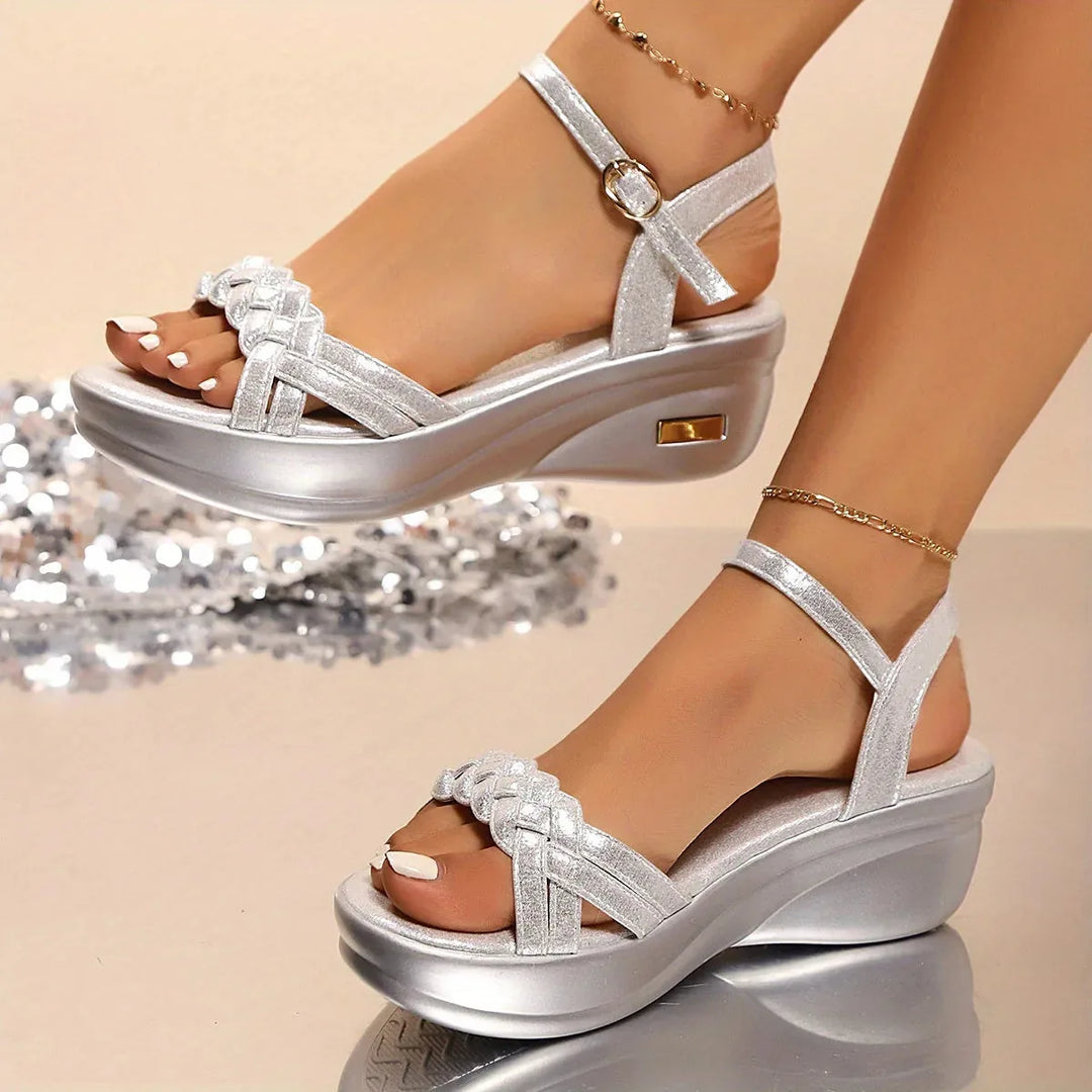 Serena | Elegant Silver Sandals with Braided Straps & Platform Wedge