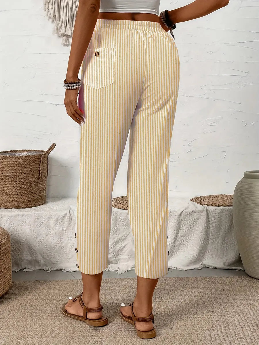 Beige Women's Striped Linen Pants — India Wide-Leg High-Waisted - Back Three Quarter