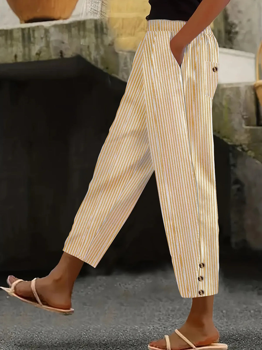 Beige Women's Striped Linen Pants — India Wide-Leg High-Waisted - Front Side