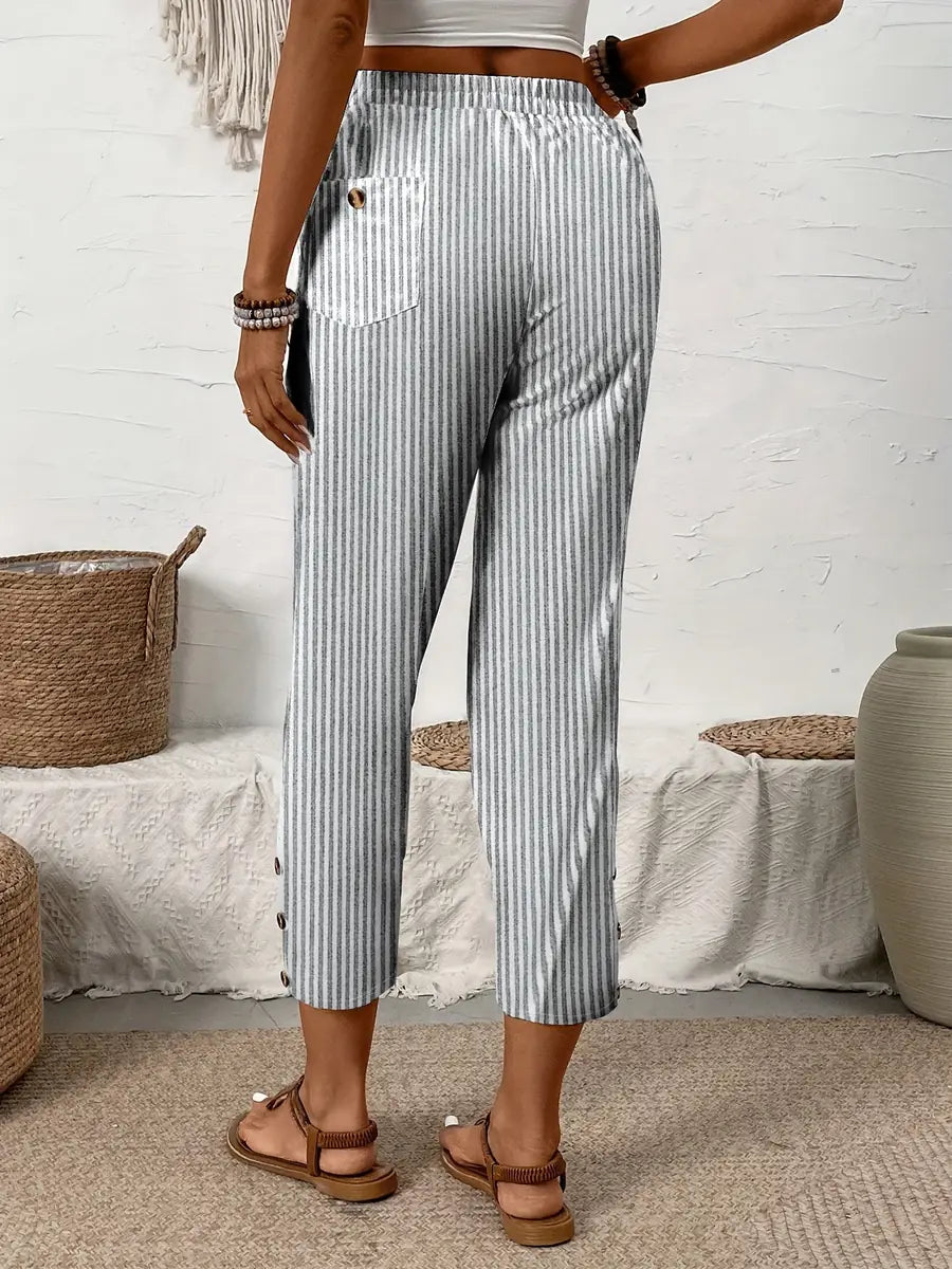 Black Women's Striped Linen Pants — India Wide-Leg High-Waisted - Back Full