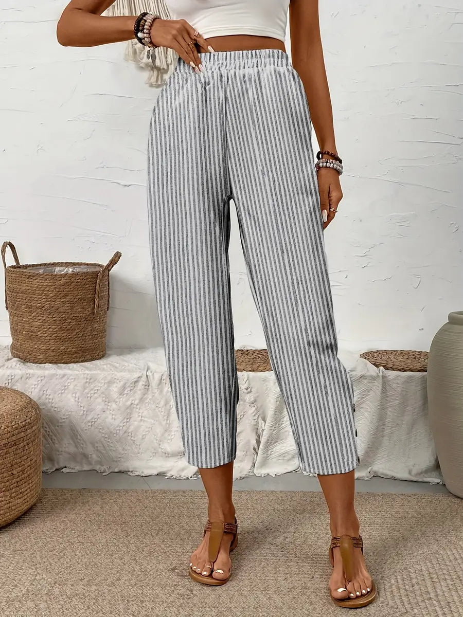 Black Women's Striped Linen Pants — India Wide-Leg High-Waisted - Front Studio