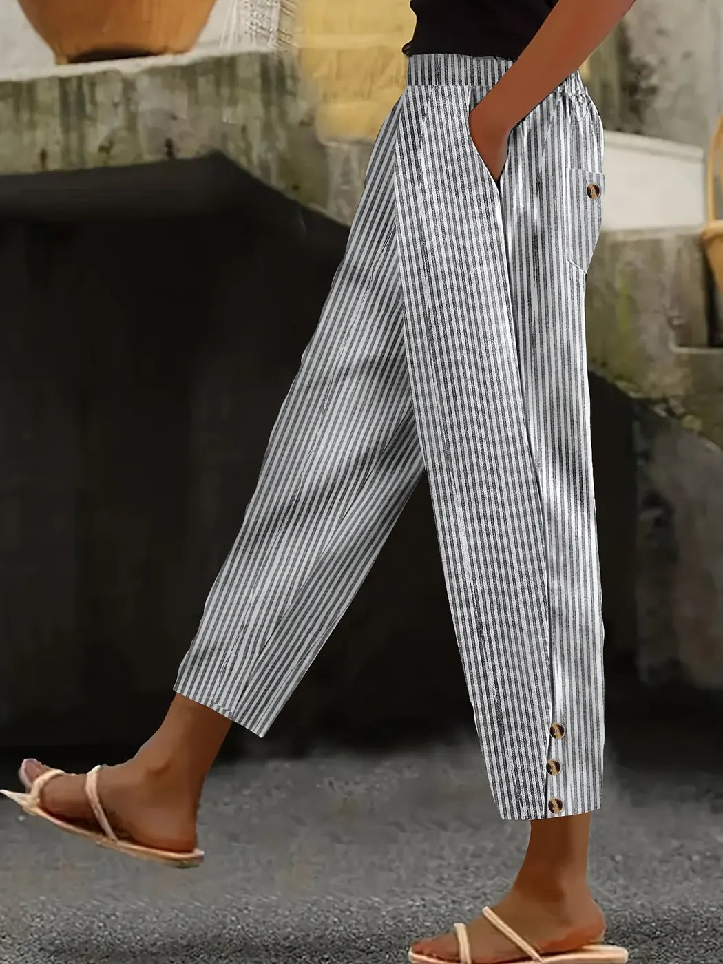 Black Women's Striped Linen Pants — India Wide-Leg High-Waisted - Front Three Quarter