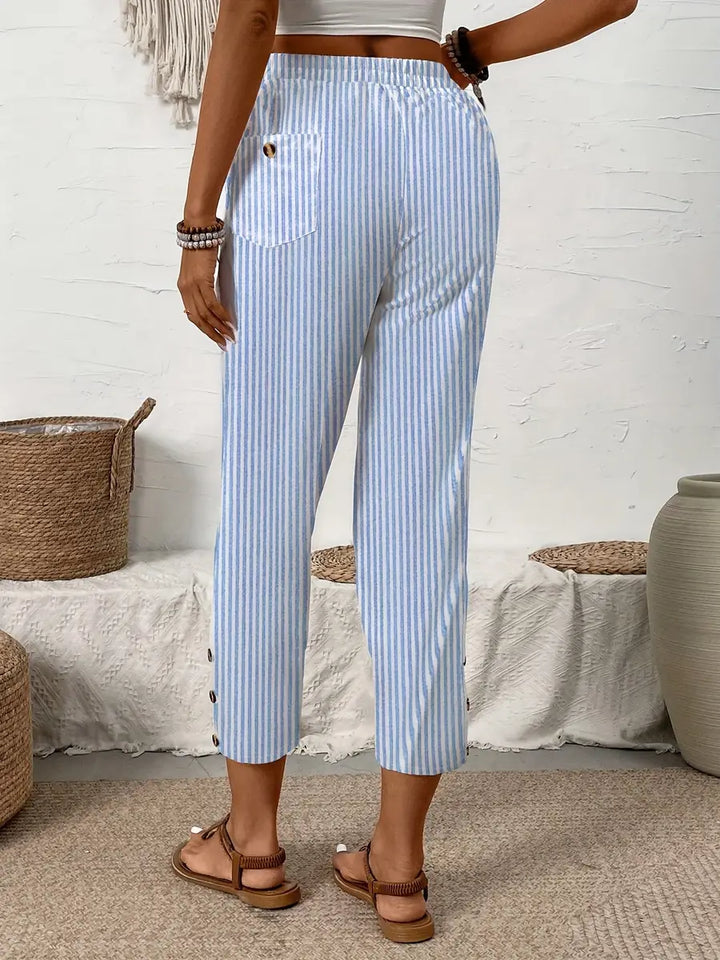 Light Blue Women's Striped Linen Pants — India Wide-Leg High-Waisted - Back Side