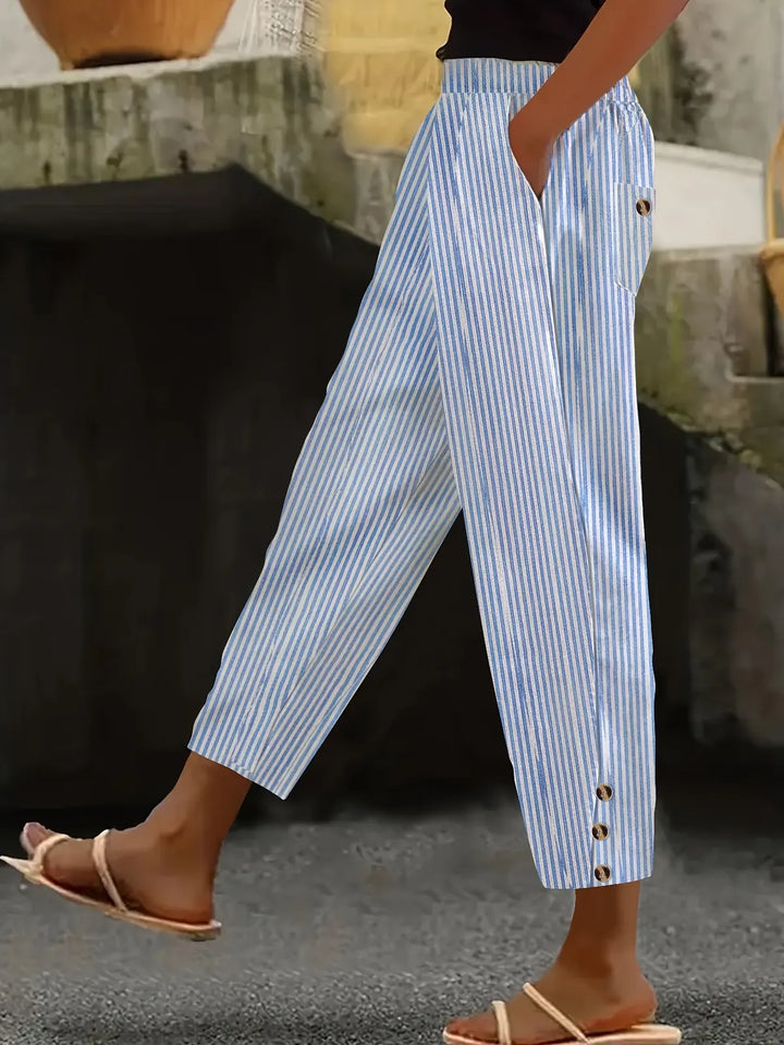 Light Blue Women's Striped Linen Pants — India Wide-Leg High-Waisted - Front Full
