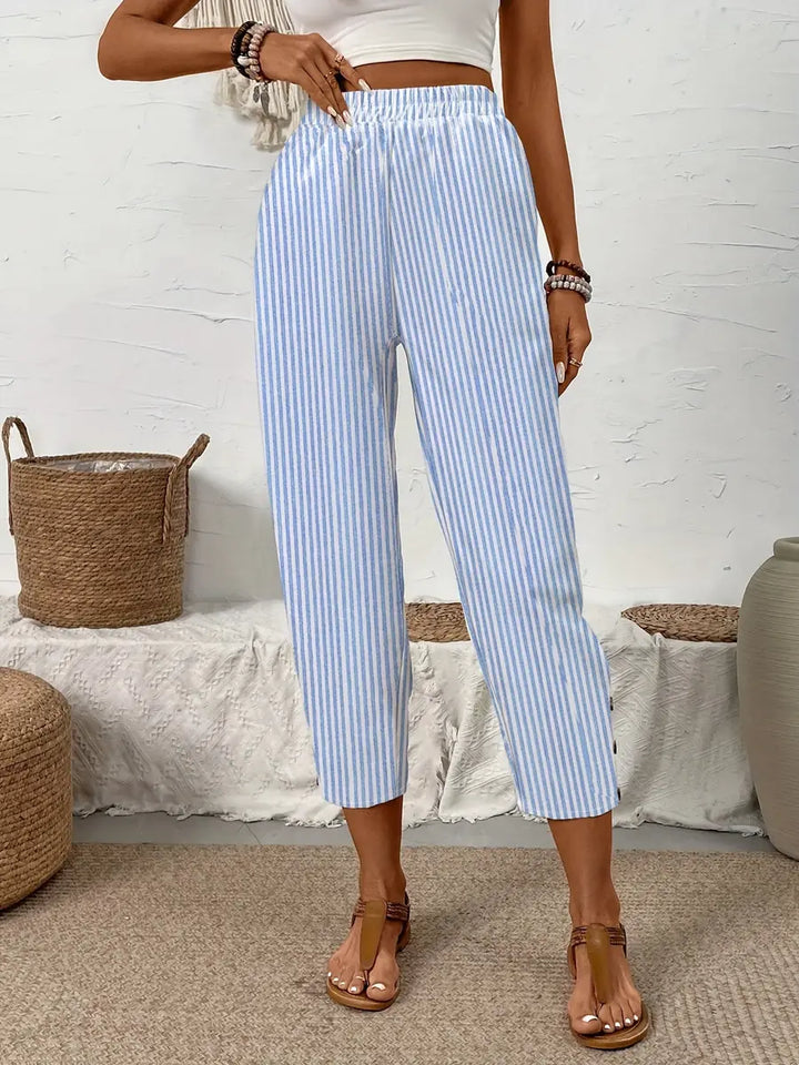 Light Blue Women's Striped Linen Pants — India Wide-Leg High-Waisted - Front Lifestyle