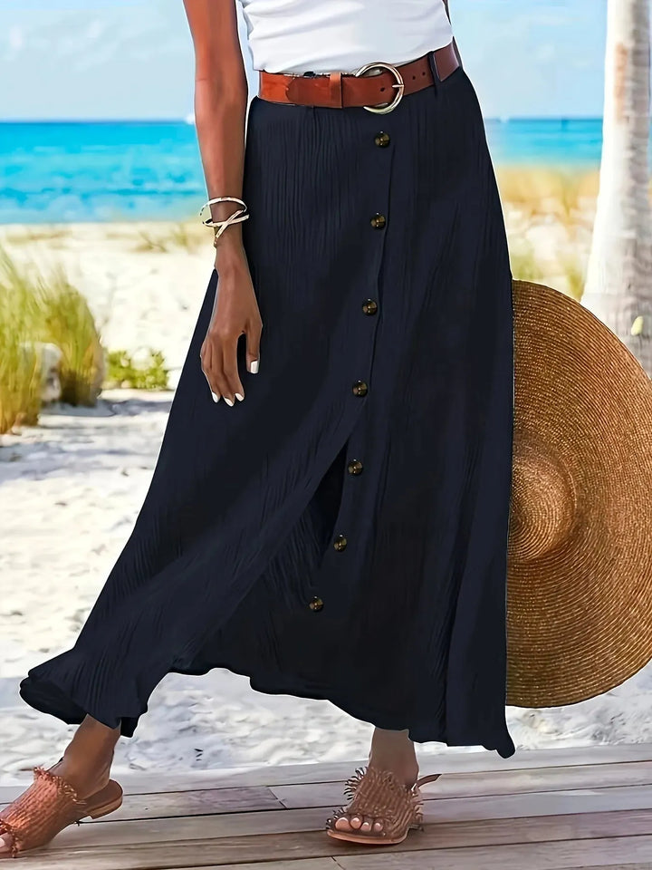 Black Women's Elegant Button-Front Flowing White Maxi Skirt — Quinn Crinkle Texture Side Slit - Studio Pose