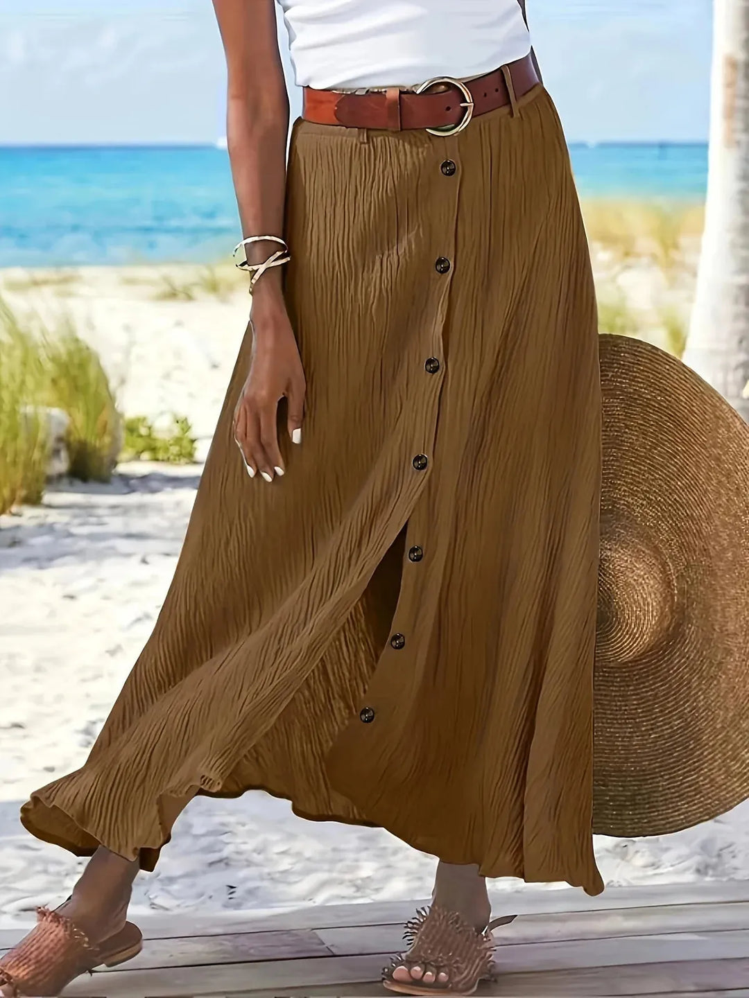 Dark Brown Women's Elegant Button-Front Flowing White Maxi Skirt — Quinn Crinkle Texture Side Slit - Side Pose