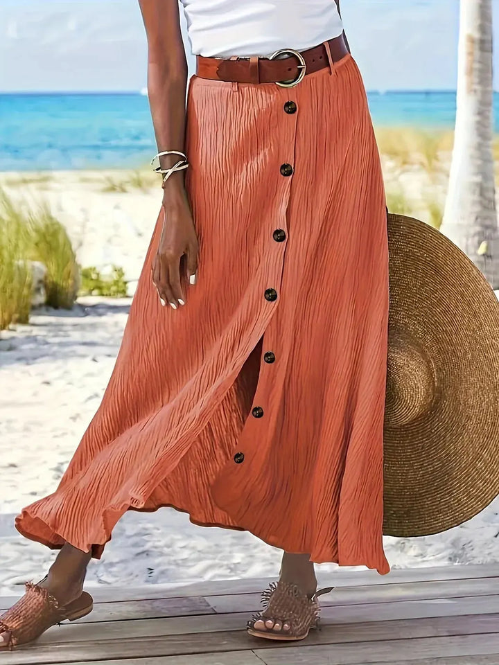 Peach Women's Elegant Button-Front Flowing White Maxi Skirt — Quinn Crinkle Texture Side Slit - Walking Motion