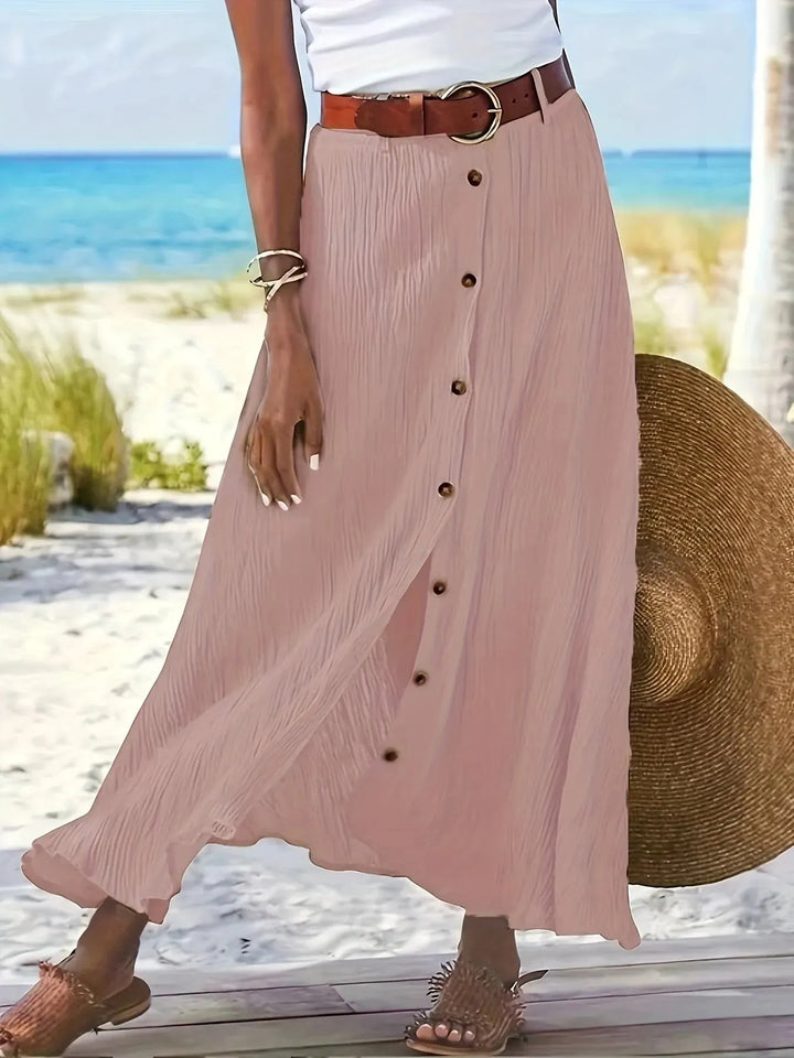 Pink Women's Elegant Button-Front Flowing White Maxi Skirt — Quinn Crinkle Texture Side Slit - Hem Movement