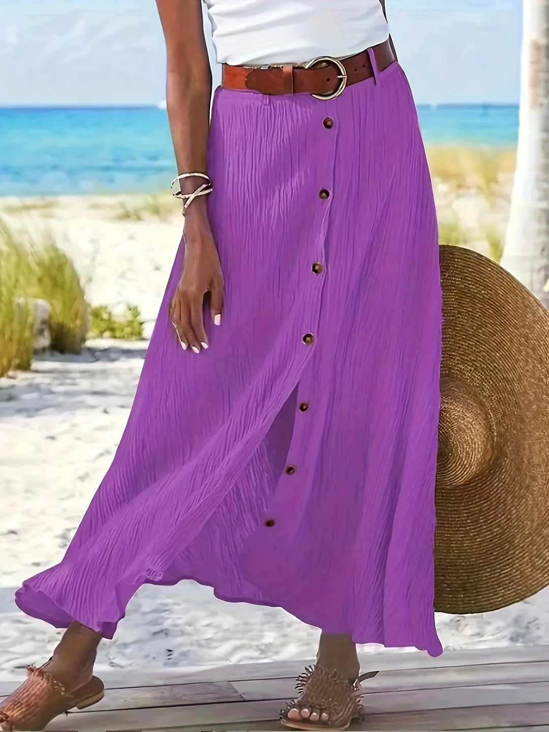 Purple Women's Elegant Button-Front Flowing White Maxi Skirt — Quinn Crinkle Texture Side Slit - Lifestyle Beach
