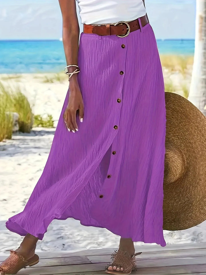 Purple Women's Elegant Button-Front Flowing White Maxi Skirt — Quinn Crinkle Texture Side Slit - Lifestyle Beach