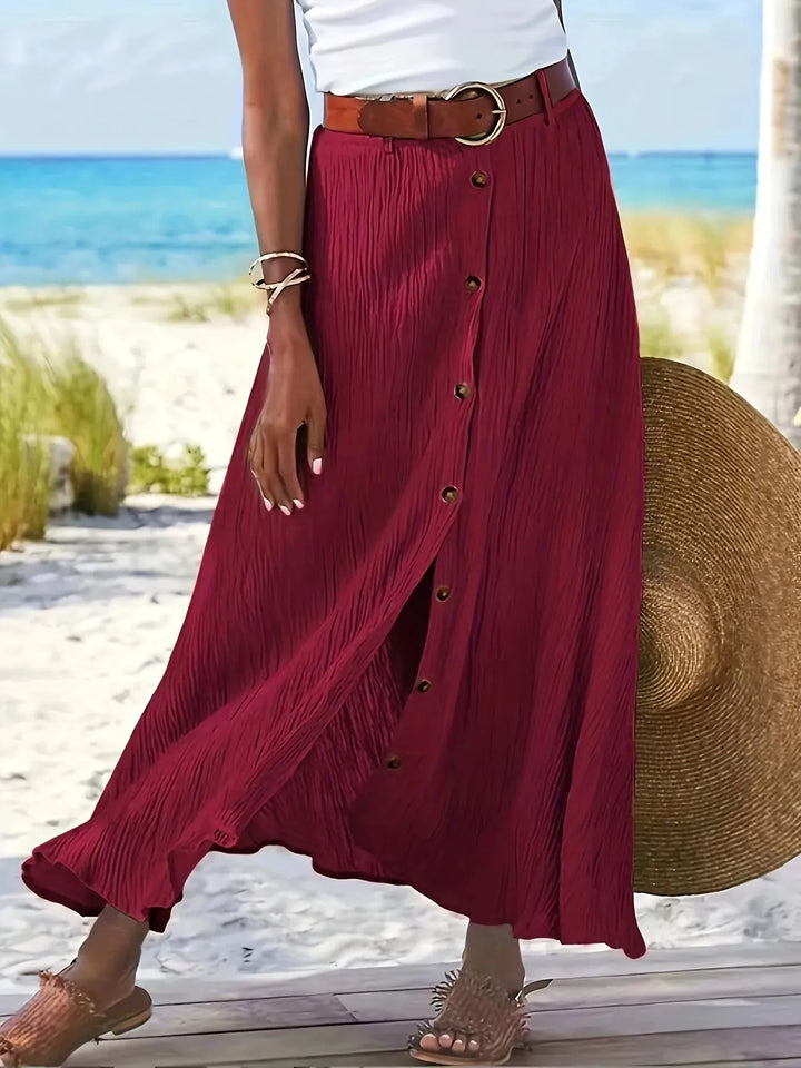 Red Women's Elegant Button-Front Flowing White Maxi Skirt — Quinn Crinkle Texture Side Slit - Flowing Detail