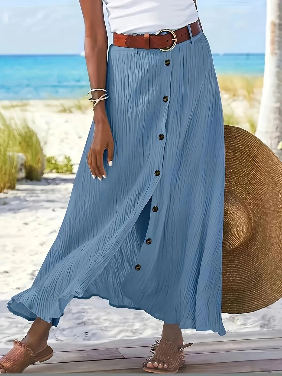 Sky Blue Women's Elegant Button-Front Flowing White Maxi Skirt — Quinn Crinkle Texture Side Slit - Outdoor Breeze