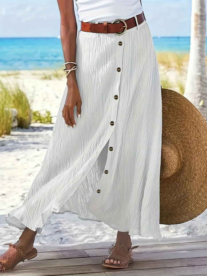 White Women's Elegant Button-Front Flowing White Maxi Skirt — Quinn Crinkle Texture Side Slit - Front Full
