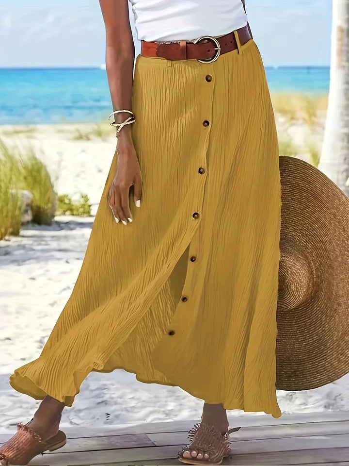 Yellow Women's Elegant Button-Front Flowing White Maxi Skirt — Quinn Crinkle Texture Side Slit - Button Detail