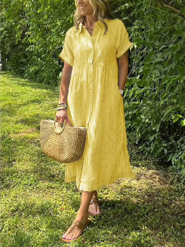 Yellow Women's Button-Front Shirt Dress — Wendy Yellow Striped Midi - Front Full