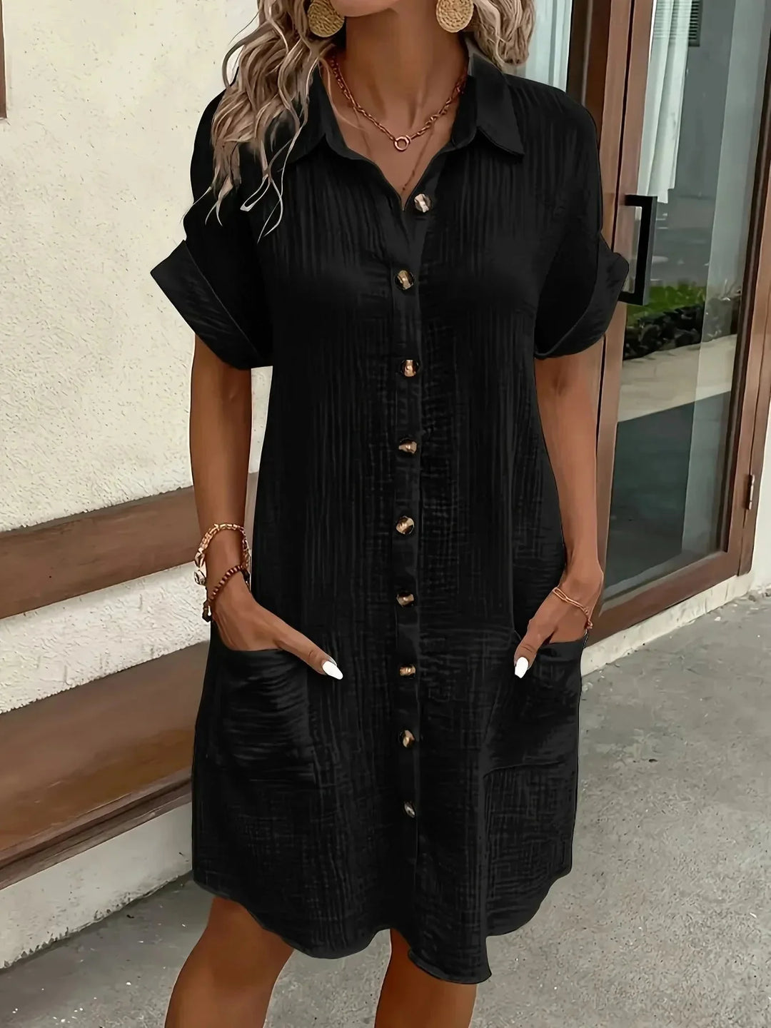 Black Women's Button-Front Shirt Dress — Daphne Short Sleeve Collared - Front Classic