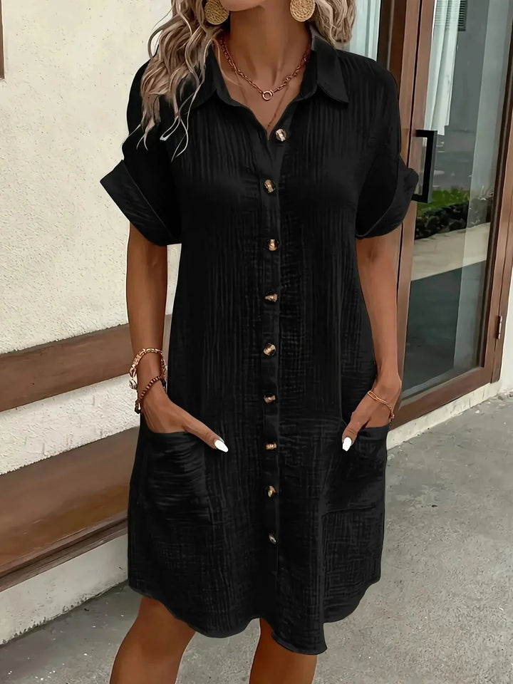 Black Women's Button-Front Shirt Dress — Daphne Short Sleeve Collared - Front Classic