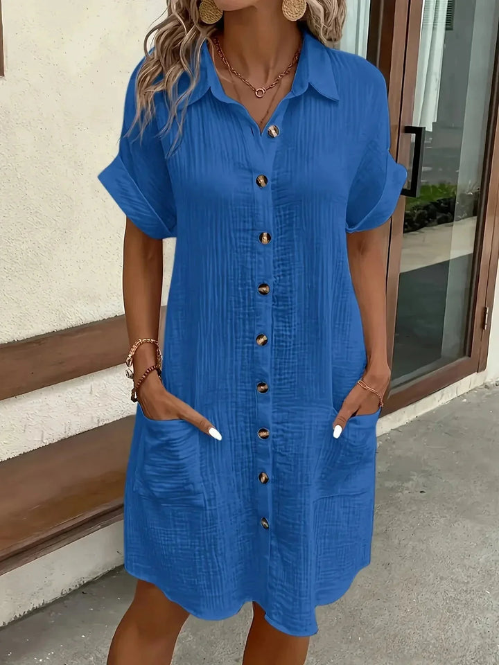Blue Women's Button-Front Shirt Dress — Daphne Short Sleeve Collared - Front Outdoor