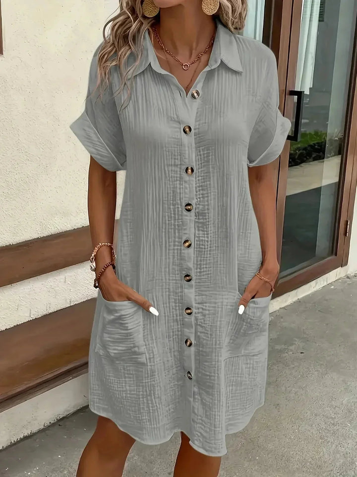 Grey Women's Button-Front Shirt Dress — Daphne Short Sleeve Collared - Front Pose