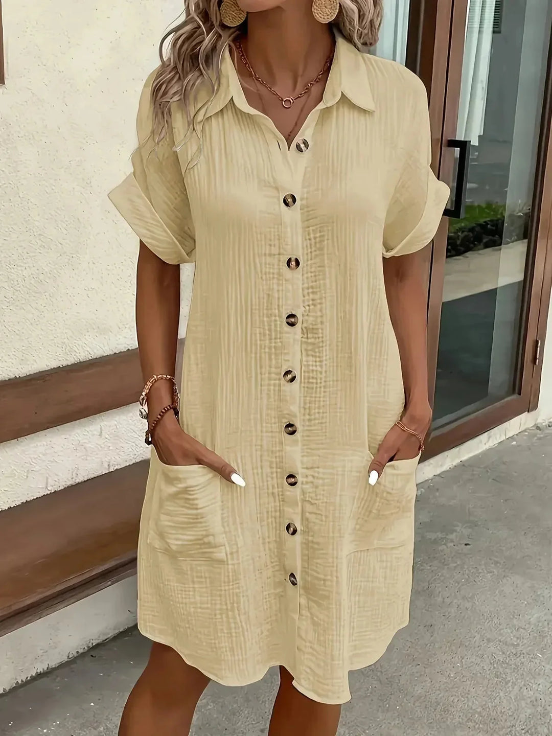Khaki Women's Button-Front Shirt Dress — Daphne Short Sleeve Collared - Front Relaxed