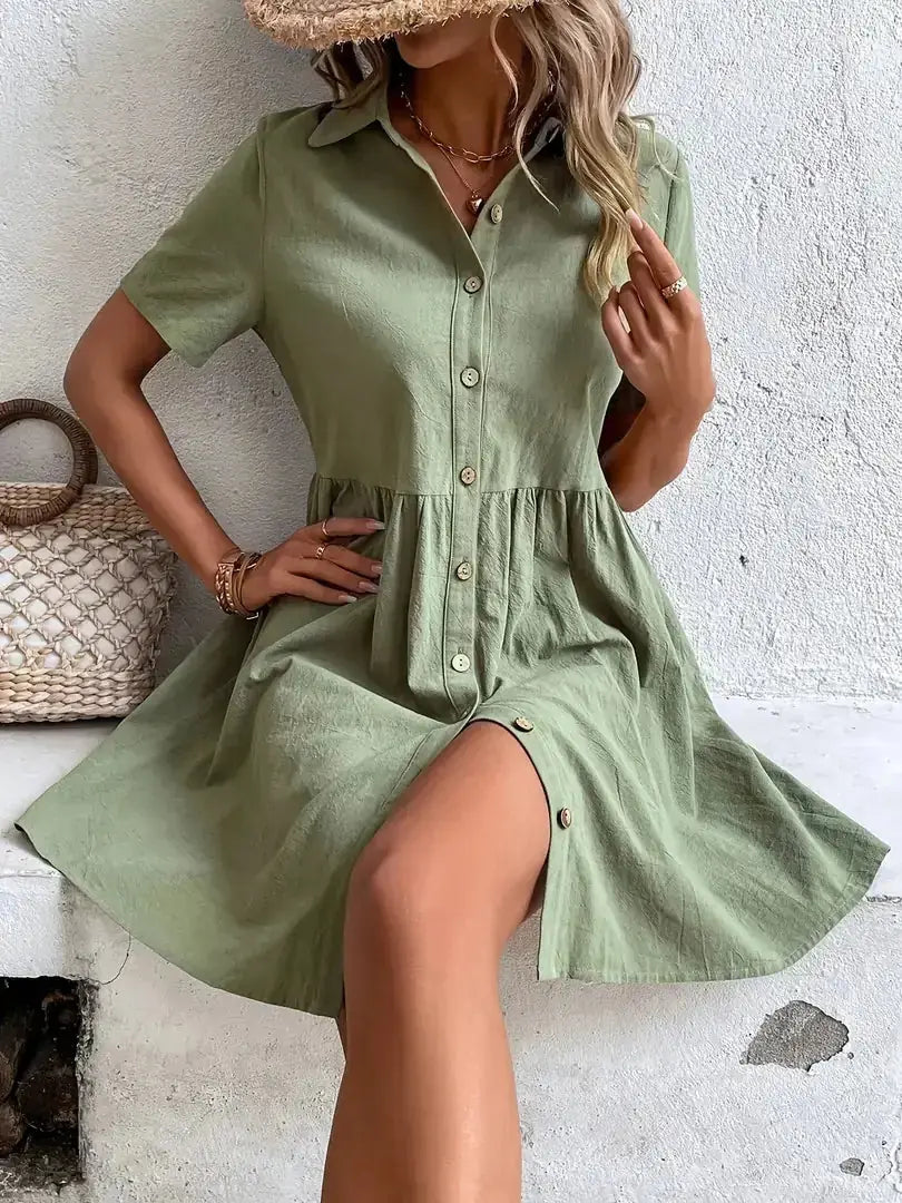Green Women's Button-Front Shirt Dress — Honor Lapel Short Sleeve - Front Full