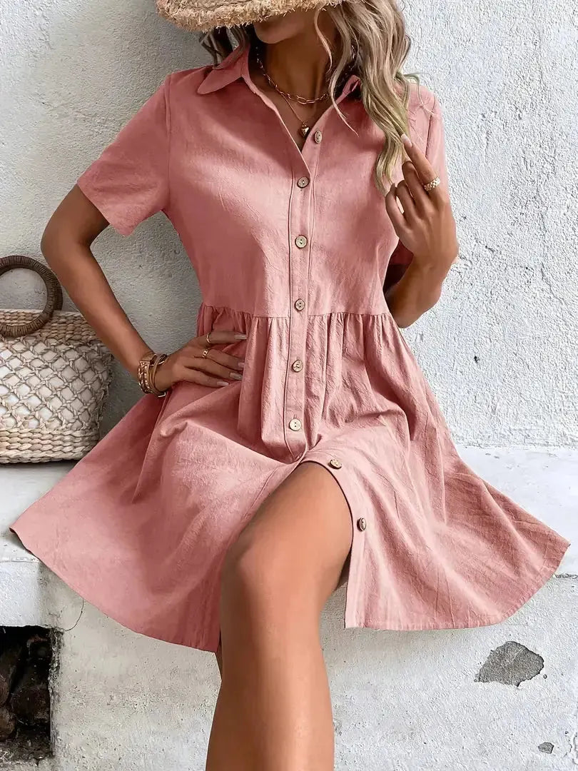 Pink Women's Button-Front Shirt Dress — Honor Lapel Short Sleeve - Front Seated