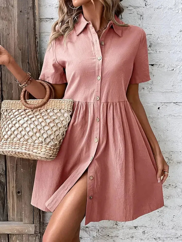 Pink Women's Button-Front Shirt Dress — Honor Lapel Short Sleeve - Front Standing