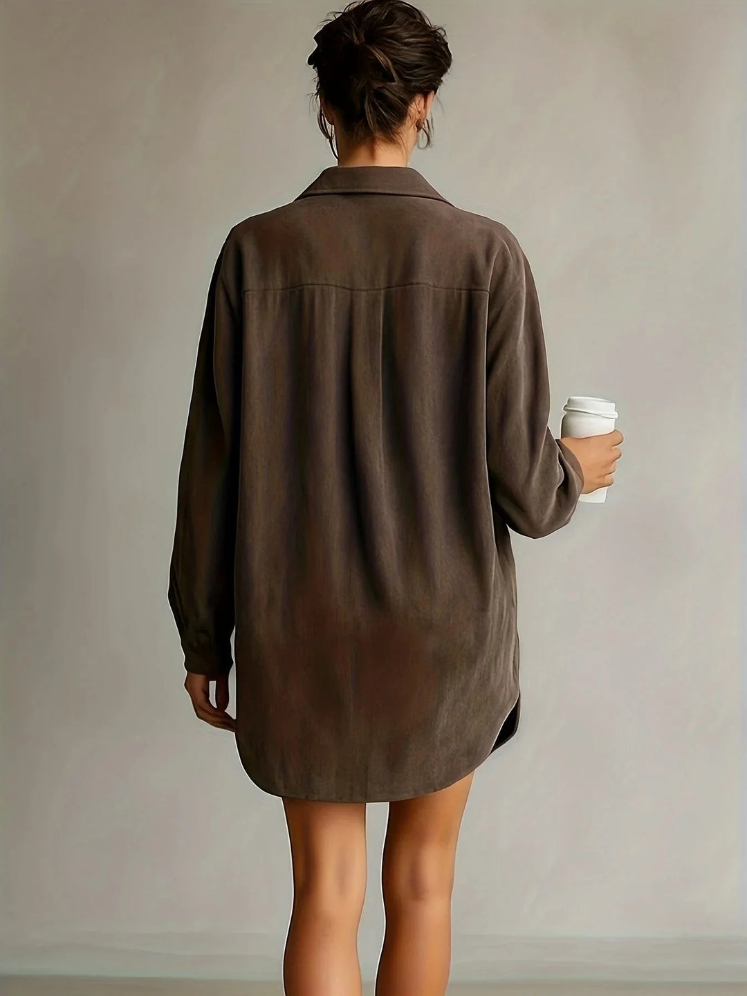 Brown Women's Button-Front Shirt Dress — Delilah Long Sleeve Oversized - Back Pose