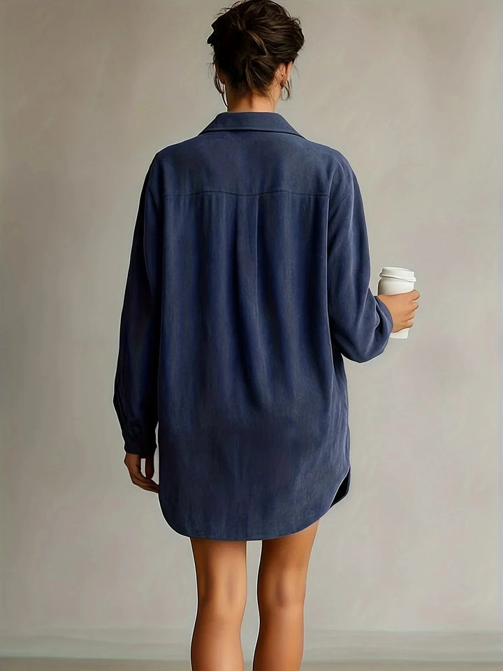 Navy Blue Women's Button-Front Shirt Dress — Delilah Long Sleeve Oversized - Back Detail