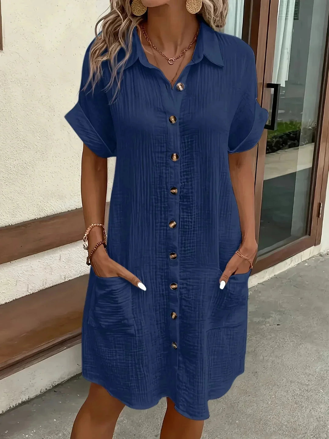 Navy Women's Button-Front Shirt Dress — Daphne Short Sleeve Collared - Front Standing
