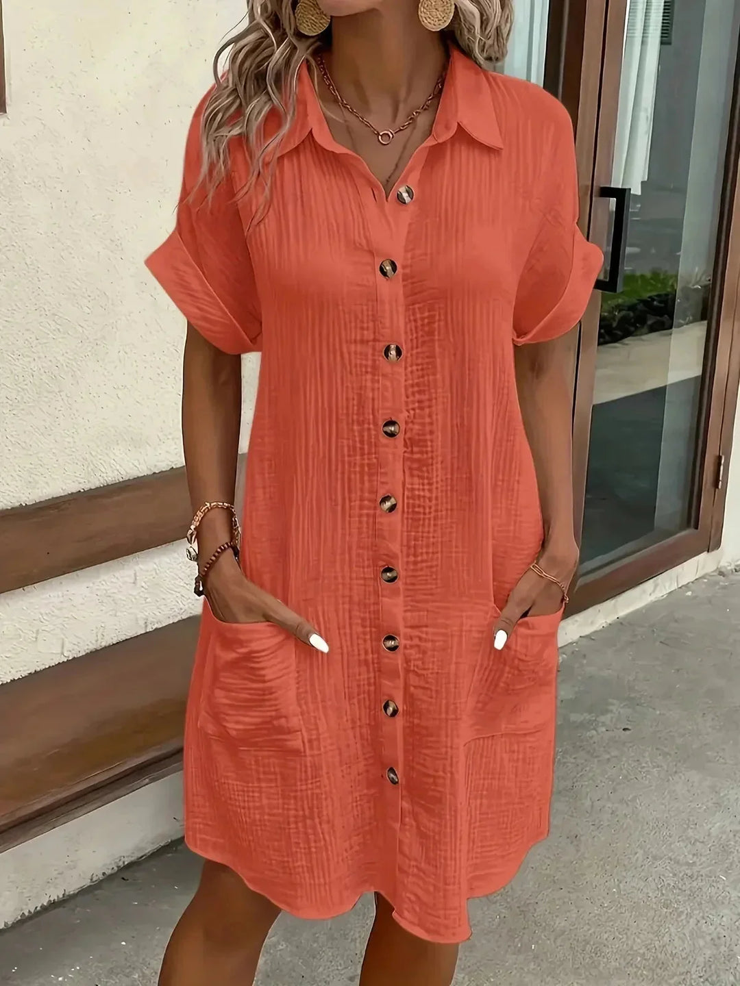 Orange Women's Button-Front Shirt Dress — Daphne Short Sleeve Collared - Front Bright