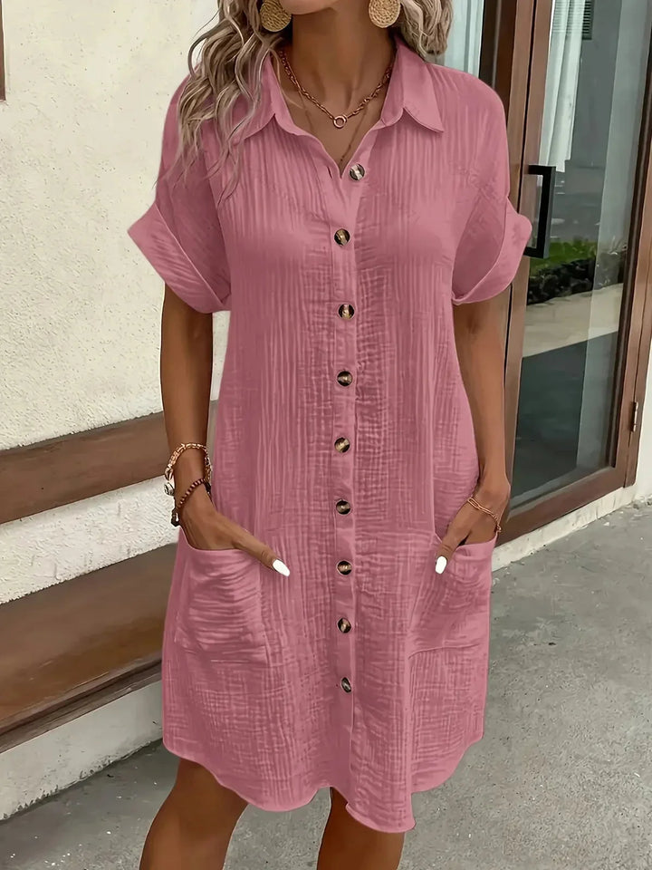 Pink Women's Button-Front Shirt Dress — Daphne Short Sleeve Collared - Front Casual
