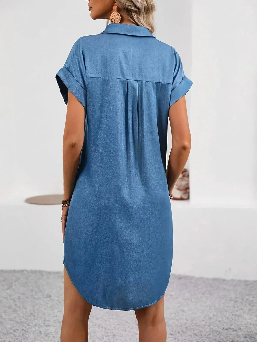 Blue Women's Button-Front Shirt Dress — Piper Rolled Sleeve Collared - Back Detail
