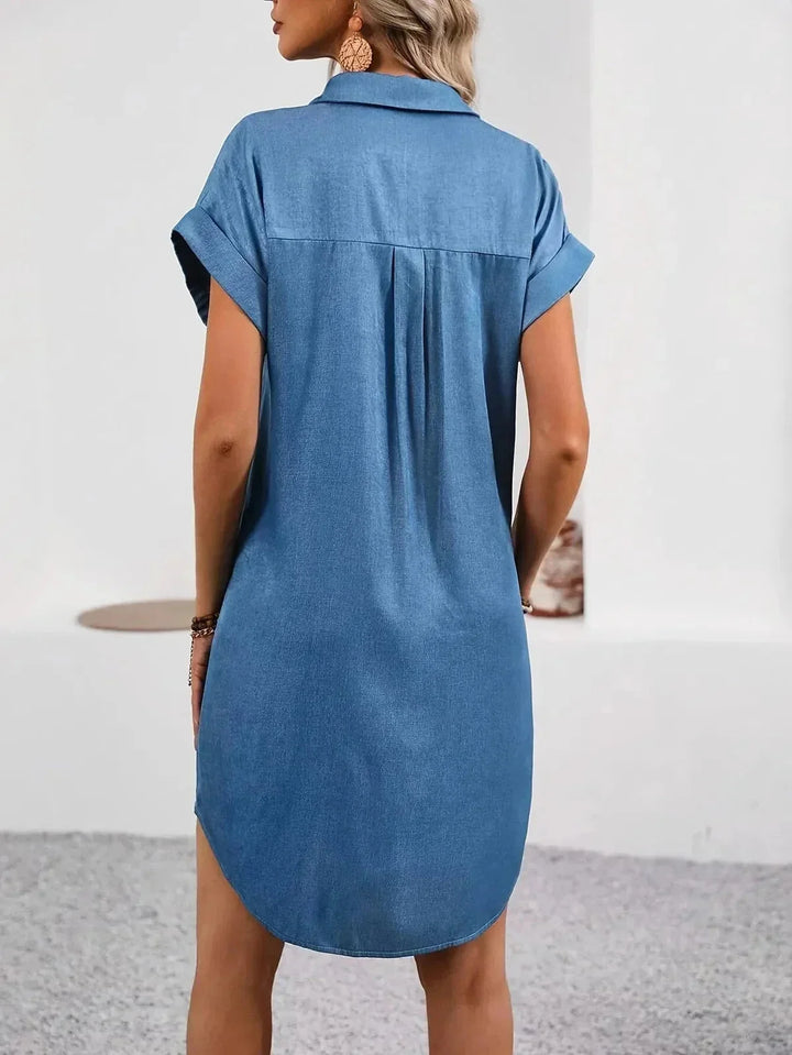 Blue Women's Button-Front Shirt Dress — Piper Rolled Sleeve Collared - Back Detail
