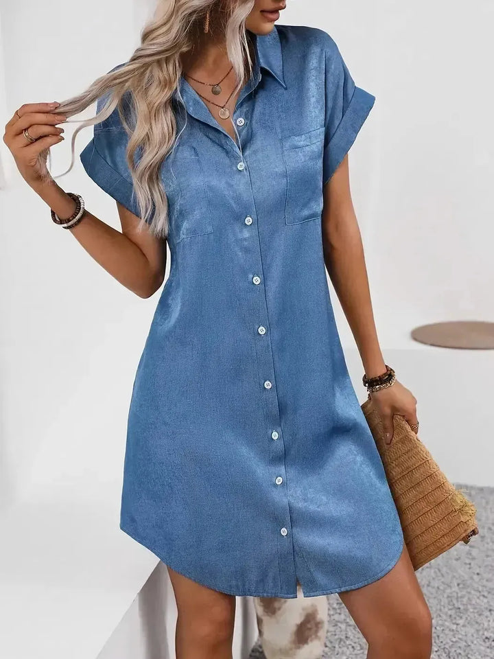 Blue Women's Button-Front Shirt Dress — Piper Rolled Sleeve Collared - Front Styled