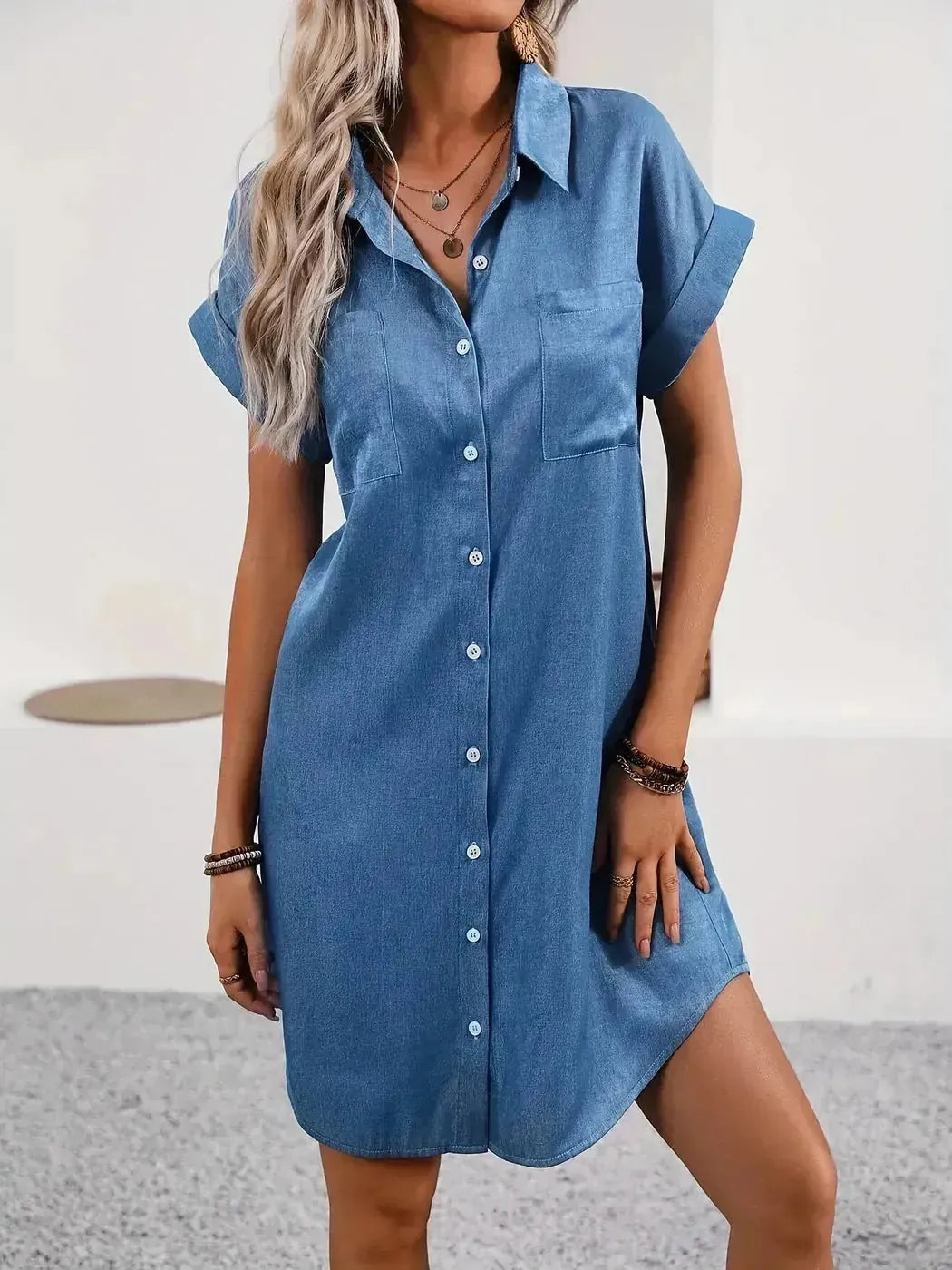 Blue Women's Button-Front Shirt Dress — Piper Rolled Sleeve Collared - Side Pose