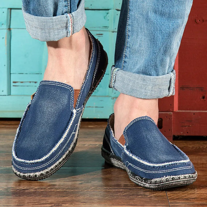 Blue Men's Canvas Casual Loafers — Ben Slip-On Breathable Lightweight - Worn Lifestyle
