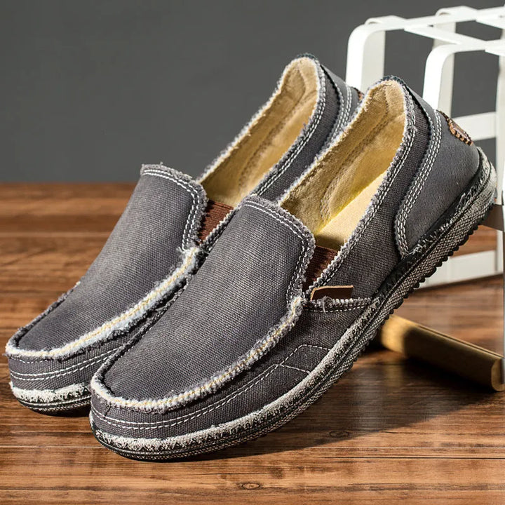 Grey Men's Canvas Casual Loafers — Ben Slip-On Breathable Lightweight - Flat Lay