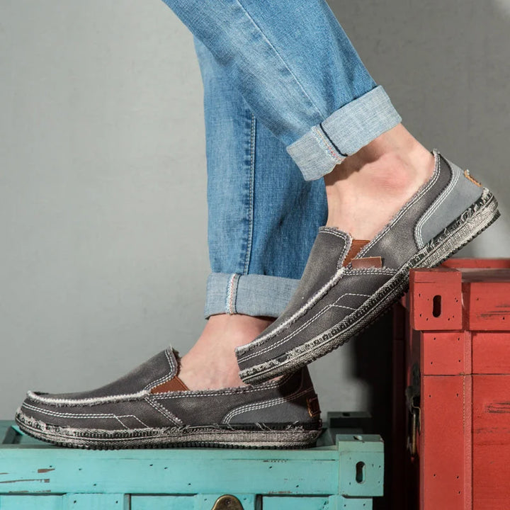 Grey Men's Canvas Casual Loafers — Ben Slip-On Breathable Lightweight - Side Detail
