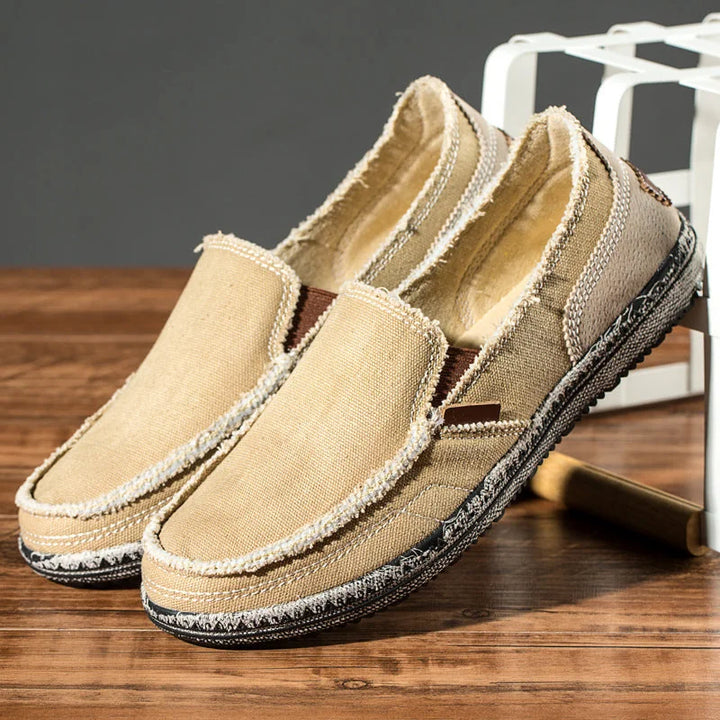 Khaki Men's Canvas Casual Loafers — Ben Slip-On Breathable Lightweight - Close Up Detail