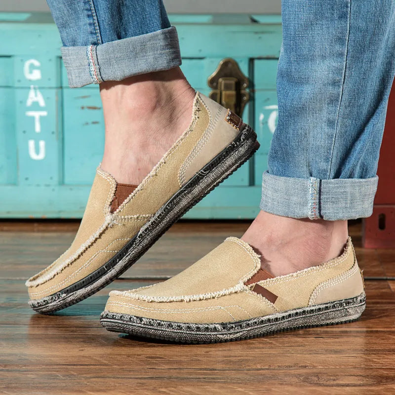 Khaki Men's Canvas Casual Loafers — Ben Slip-On Breathable Lightweight - Front Full