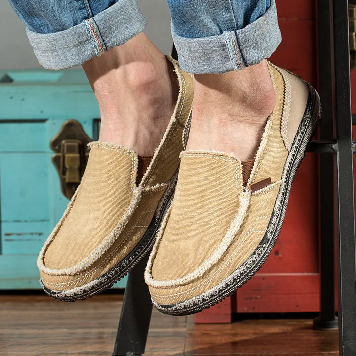 Khaki Men's Canvas Casual Loafers — Ben Slip-On Breathable Lightweight - Side Angle