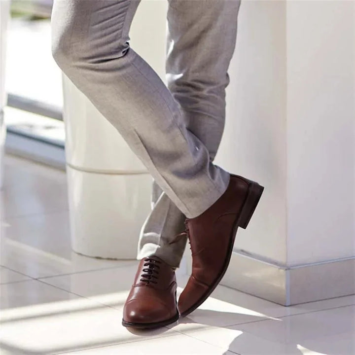 Brown Men's Cap-Toe Oxford Dress Shoes — Hudson Brown Classic Lace-Up - Worn Lifestyle