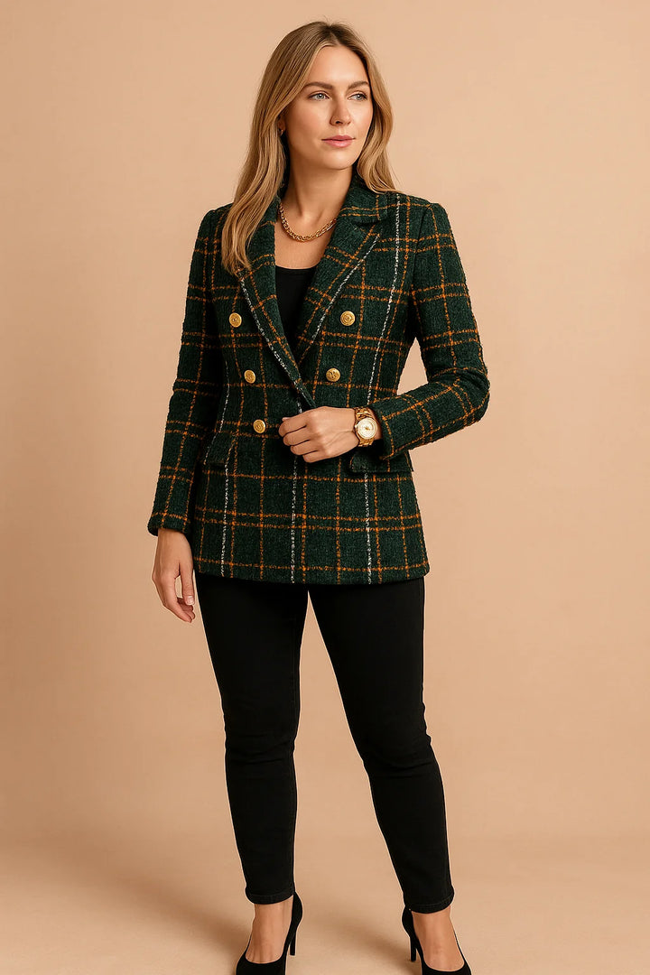 Dark Green Women's Checked Blazer Jacket — Yvonne Double-Breasted Tweed Professional - Front Pose