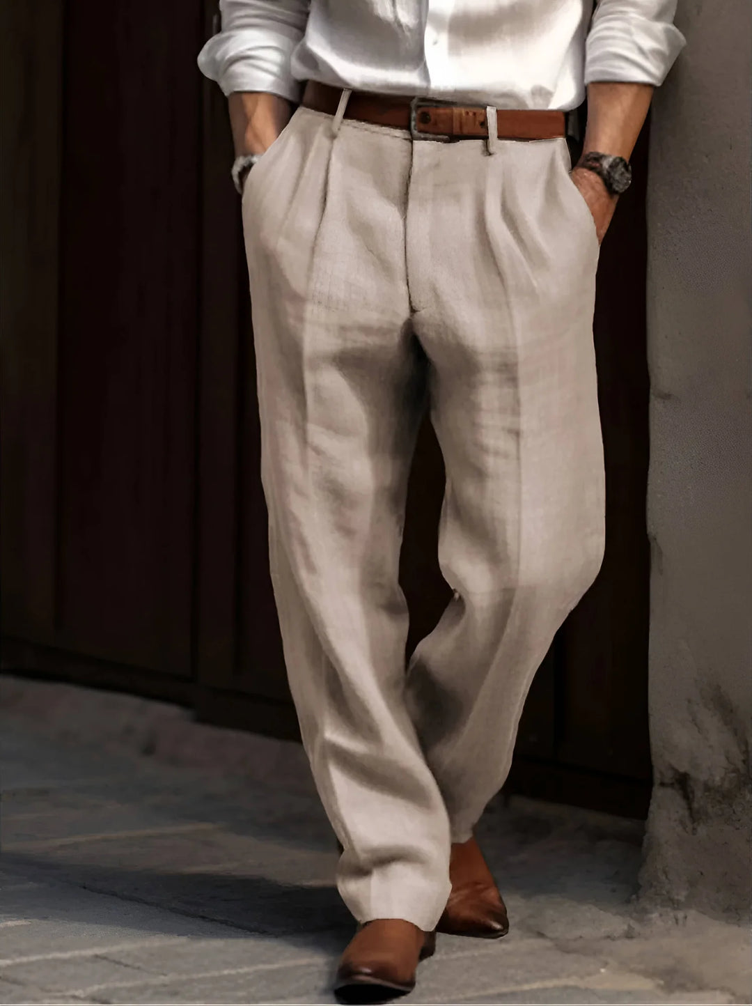 Beige Classic Pleated Linen Pants For Men - Front Full