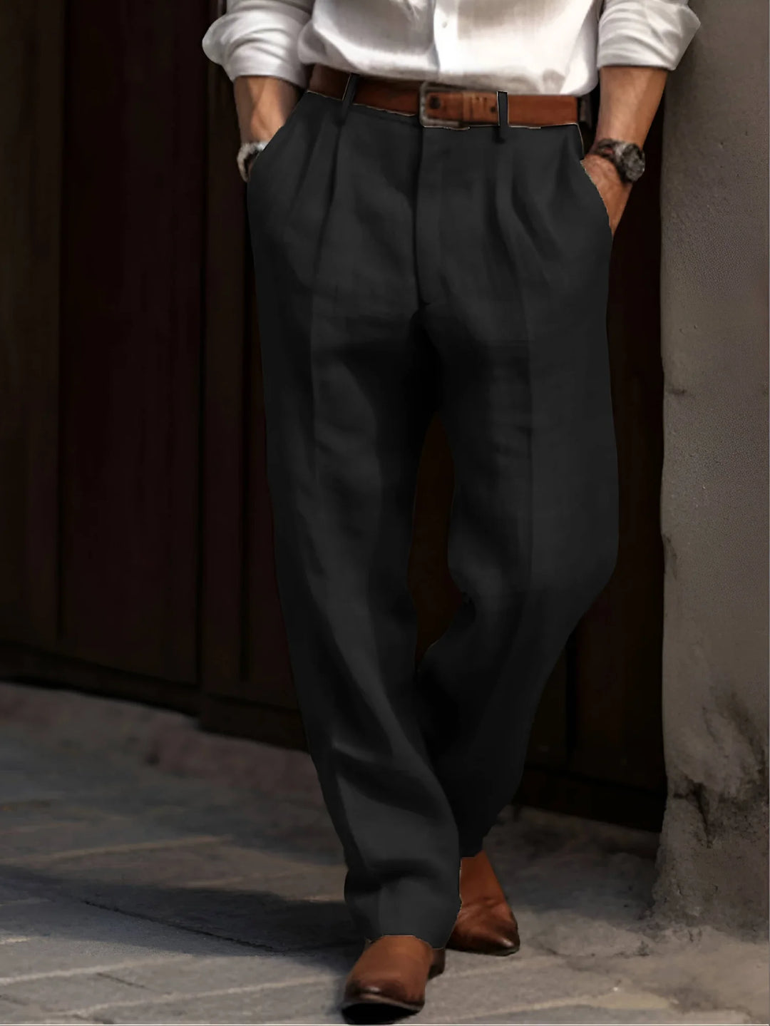 Dark Gray Classic Pleated Linen Pants For Men - Front Walk