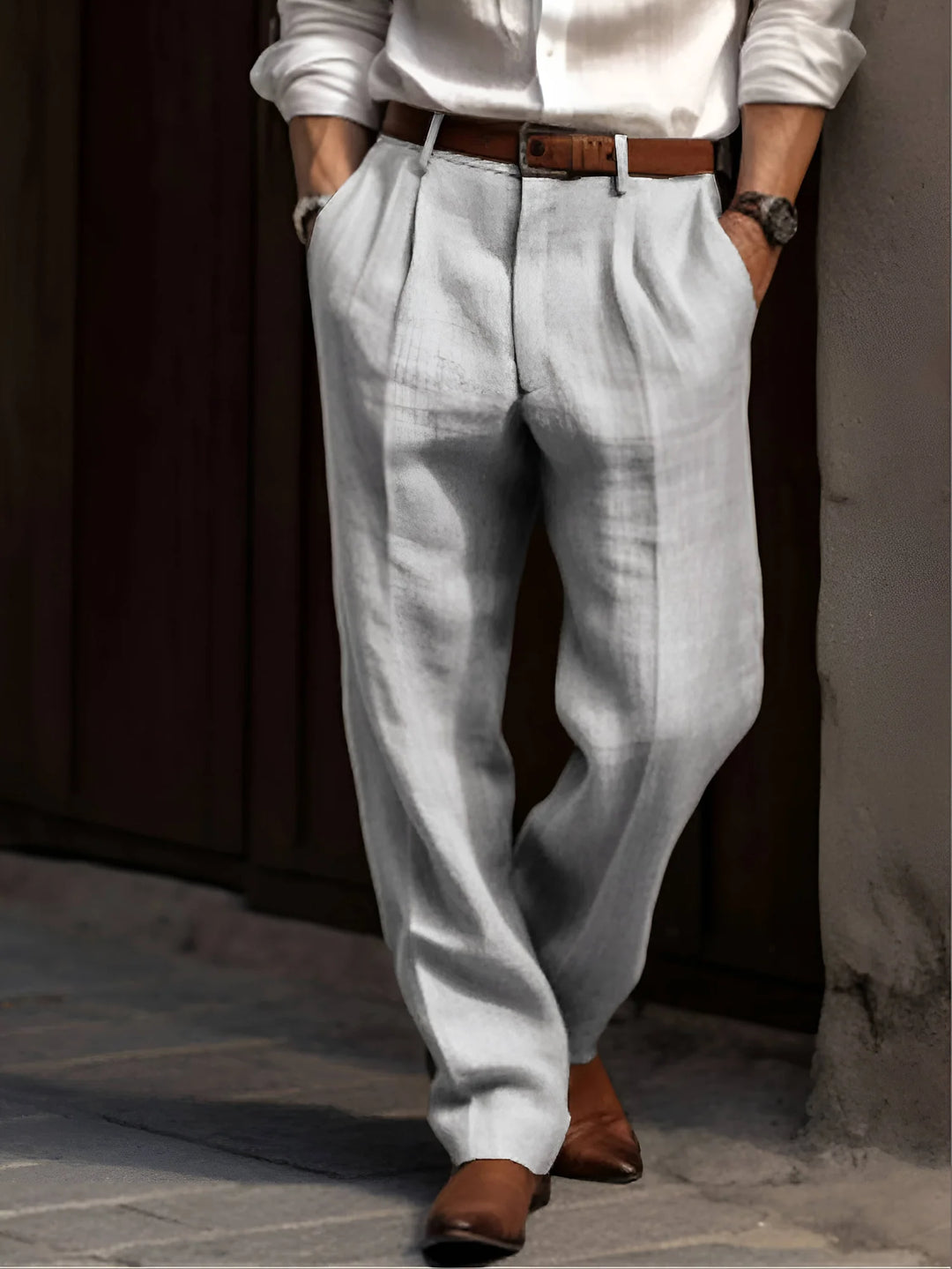 Light Gray Classic Pleated Linen Pants For Men - Front Pose