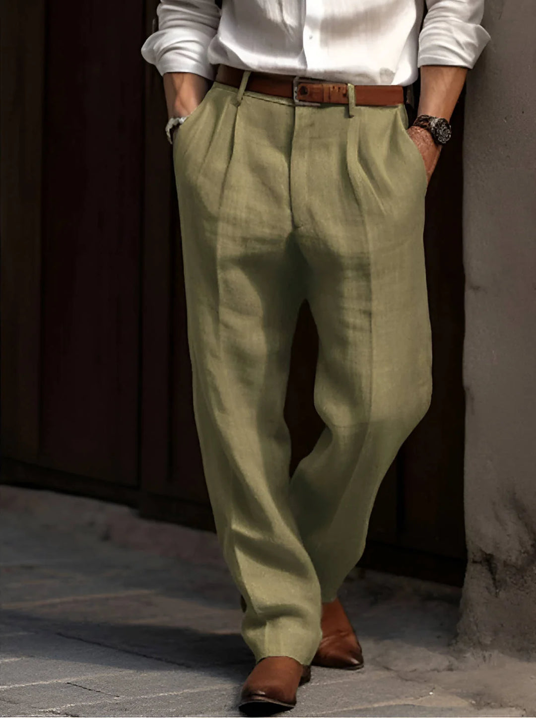 Military Green Classic Pleated Linen Pants For Men - Front Casual